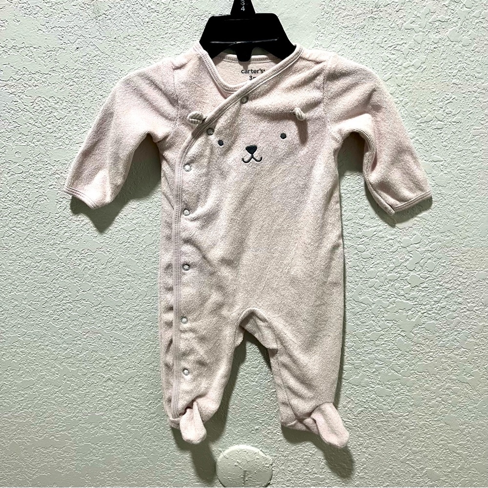 Carter’s Pink Terry Cloth Bear Graphic Front Snap Button Footie Pajamas